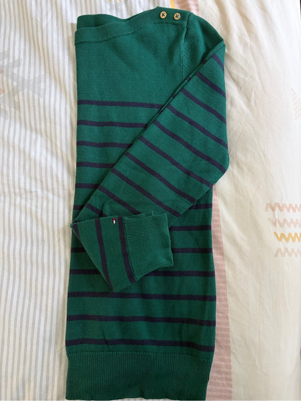 Tommy Hilfiger Green and Navy Striped Crewneck Sweater